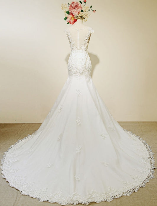 High Qulity Lace Mermaid Wedding Dress Illusion Chaple Train Ivory ...