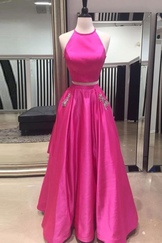 Hot Pink Halter Two Piece Long Prom Dresses Cheap - Bridelily