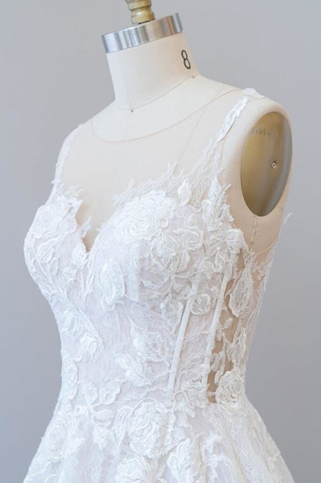 Illusion Appliques Tulle Simple Boho Wedding Dress Cheap - Bridelily