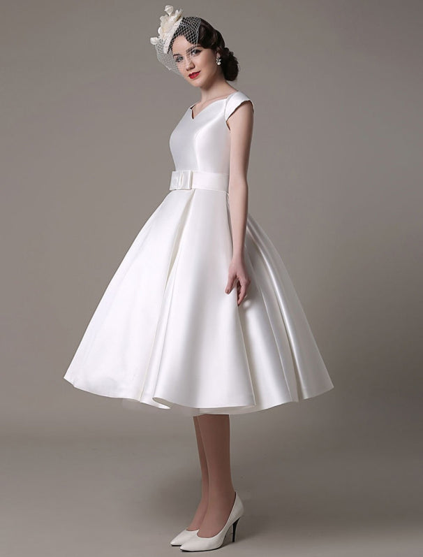 Ivory Wedding Dresses 2021 short satin Knee Length bow Sash retro ...