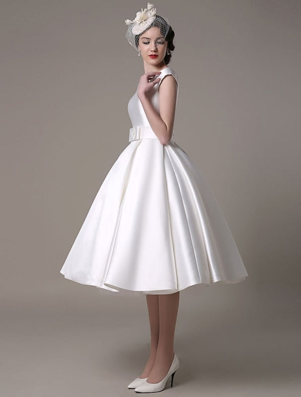 Ivory Wedding Dresses 2021 short satin Knee Length bow Sash retro ...