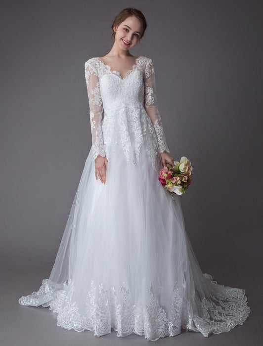Lace Wedding Dresses Ball Gown V Neck Long Sleeve Backless Princess ...