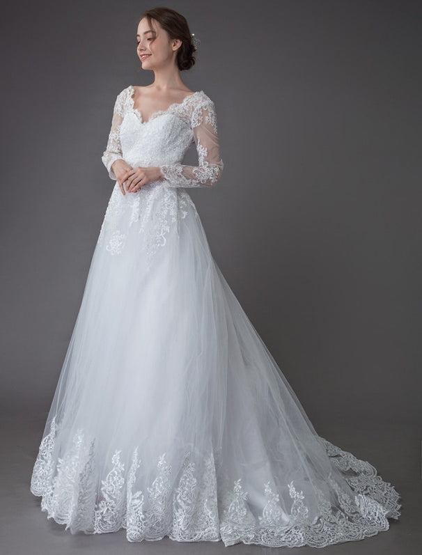 Lace Wedding Dresses Ball Gown V Neck Long Sleeve Backless Princess ...
