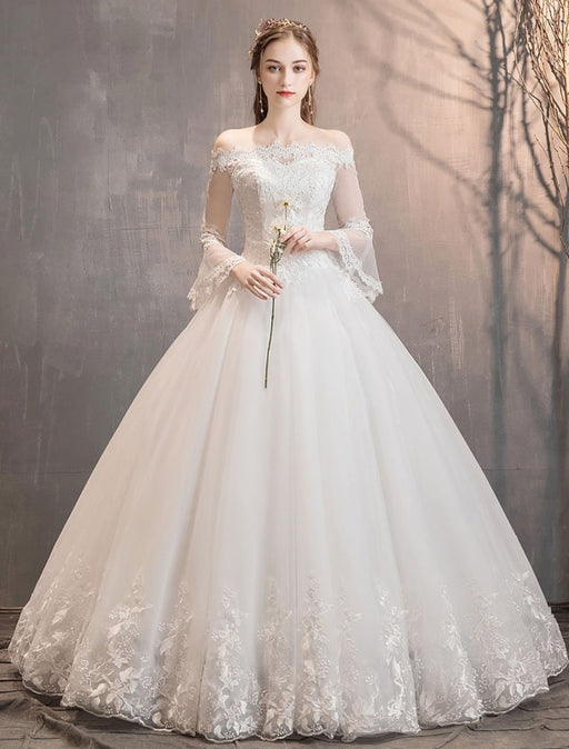 Princess Wedding Dresses White Ivory Lace Applique Off Shoulder