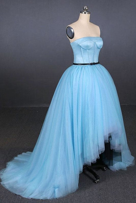 Light Blue High Low Strapless Black Long Prom Dresses 2021 - Bridelily