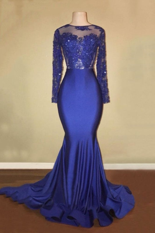 Long Sleeve Royal Blue Long Sleeve Mermaid Prom Dress 2021 - Bridelily