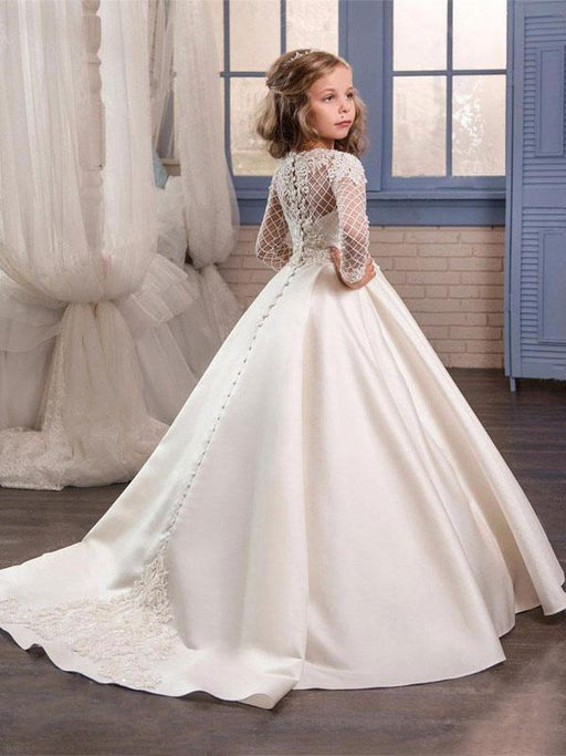 Elegant Long Sleeves Satin Formal Flower Girl Dresses Long Sleeves wit —  Bridelily