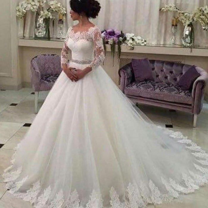 Vintage Sleeve Lace Wedding Dress Long Train - Bridelily