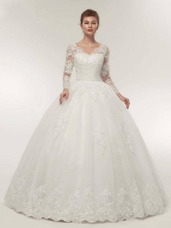 Sleeves High Neck Long Sleeve Bridal Gowns Lace - Bridelily