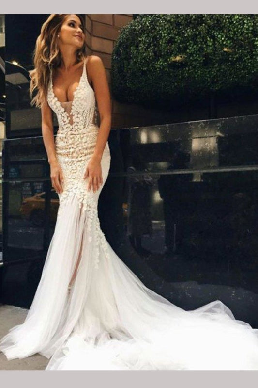 v neck mermaid wedding dress