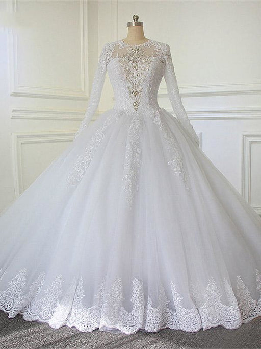 Off The Shoulder Long Sleeve Ball Gown Wedding Dress - Bridelily