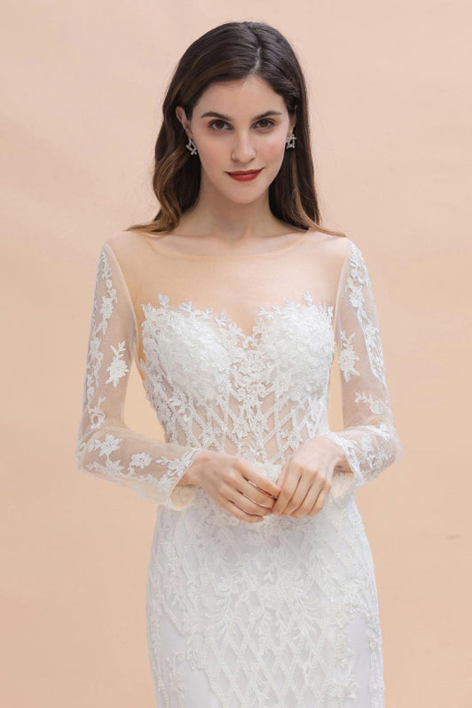 Mermaid Lace Long Sleeve Sheer Tulle Wedding Dresses With Detachable T — Bridelily 2719