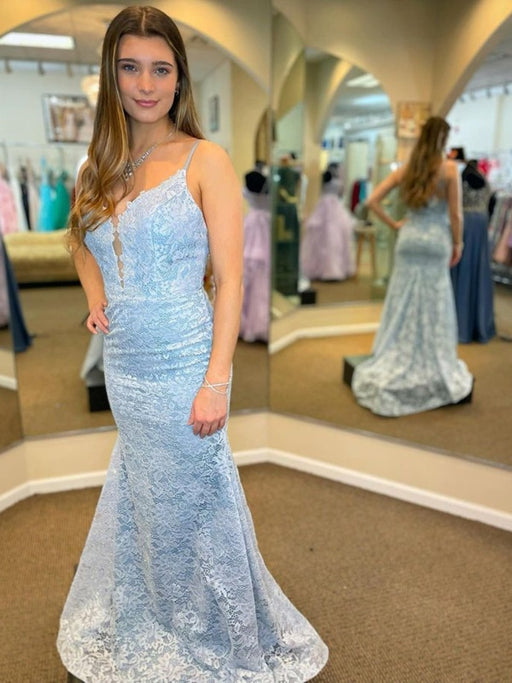 Deep V Neck Light Blue Lace Long Prom Dresses, Light Blue Lace