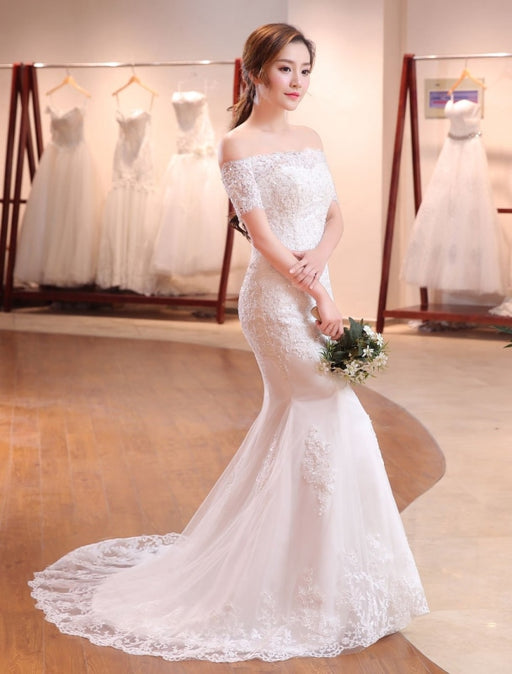 White Simple Wedding Dress With Train Bateau Neck Sleeveless
