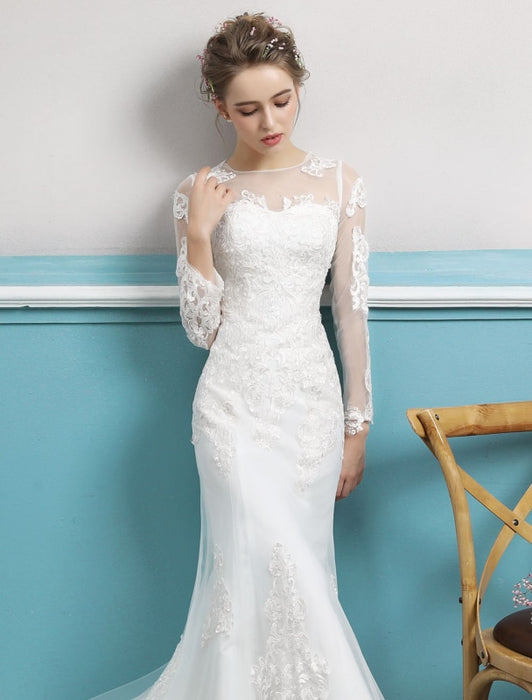 Mermaid Wedding Dresses Long Sleeve Ivory Lace Illusion Train Bridal G ...