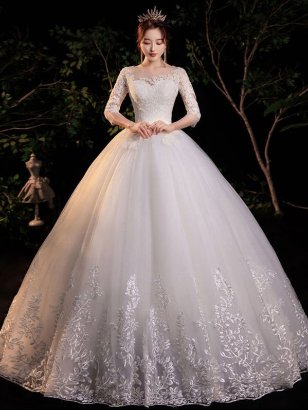 Simple Wedding Dress Eric White Ball Gown Jewel Neck Half Sleeves ...