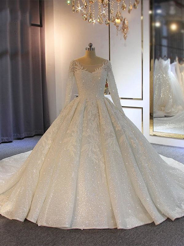 O-Neck Cheap Long Sleeve Lace Wedding Dresses Plus Size - Bridelily