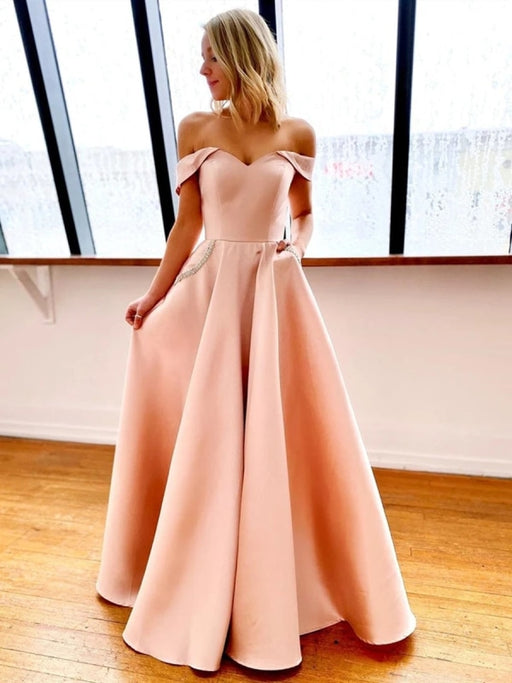 Off Shoulder Pink Long Prom Dresses, Fluffy Pink Formal Evening Dresses,  Ball Gown