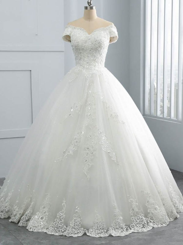Off-the-Shoulder Sequins Boho Lace Wedding Dress 2020 - Bridelily