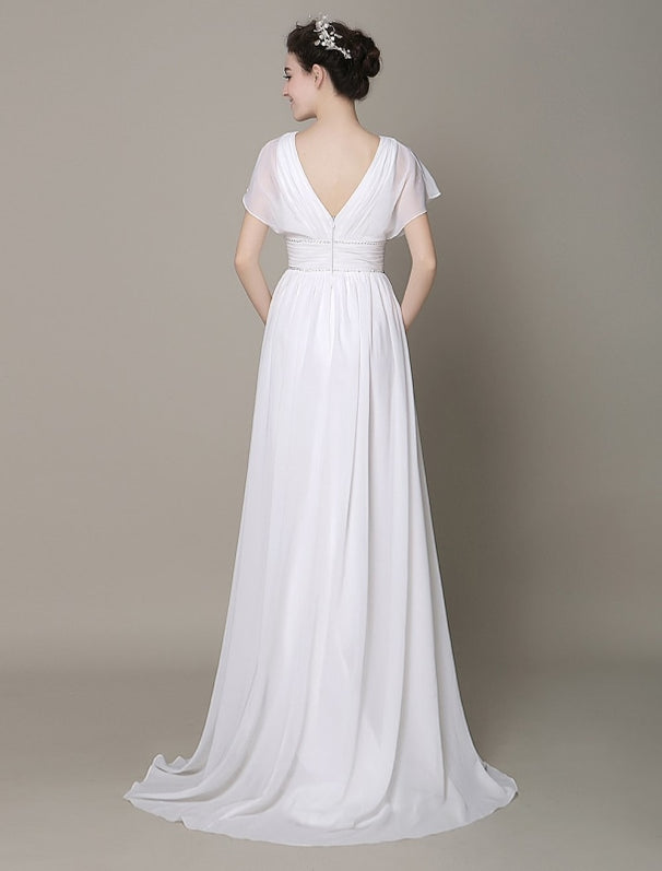 Plunging Chiffon Beach Wedding Dress A-line Ivory V-Neck Pleated Belt ...