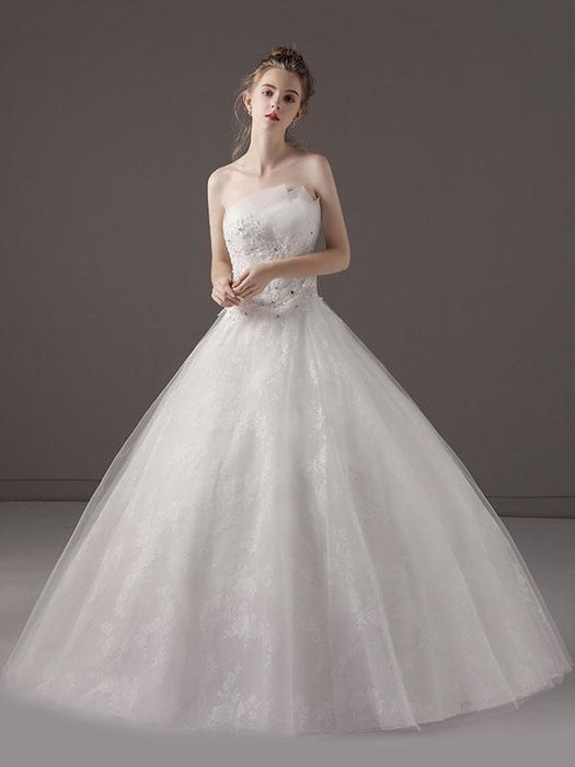 Princess Ball Gown Wedding Dresses Strapless Lace Applique Beaded Ivor ...