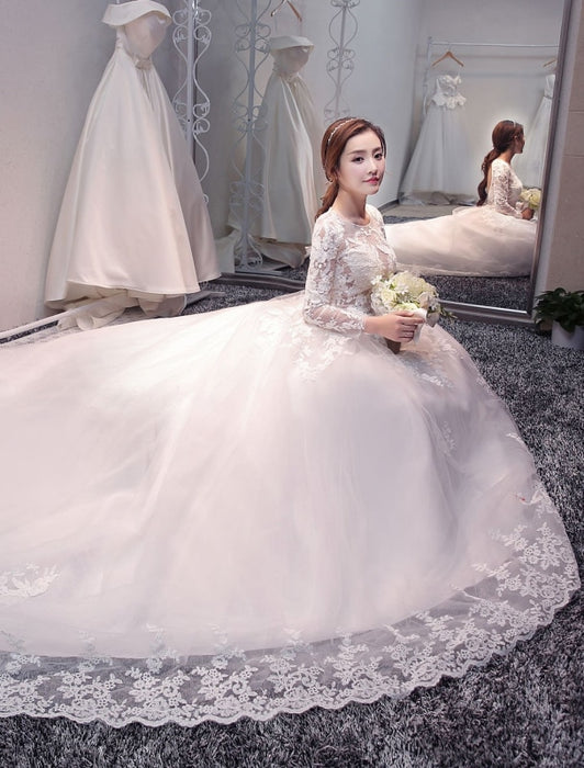 Princess Wedding Dresses Long Sleeve Bridal Dresses Lace Backless Illu ...