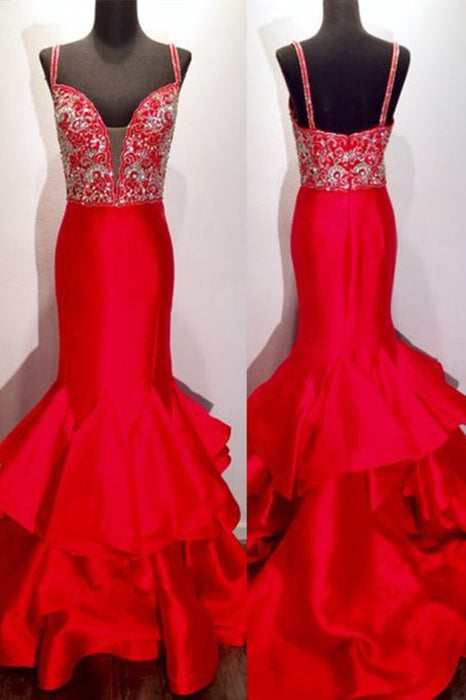 Satins V Neck Sequins Beaded Cheap Red Ball Gowns - Bridelily