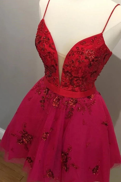 Spaghetti Straps V Neck Cheap Long Red Prom Dresses - Bridelily