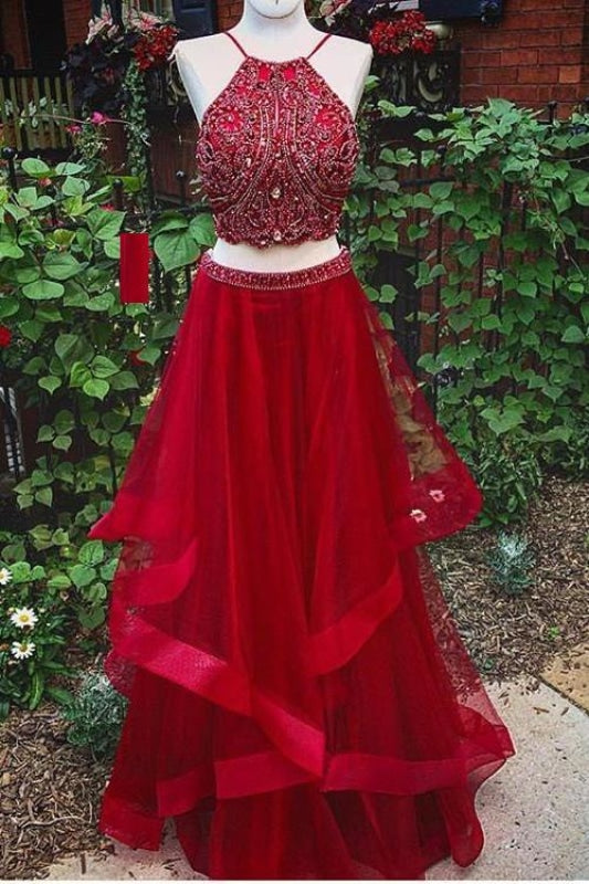 Two Piece Long Red Mermaid Prom Dresses 2021 - Bridelily