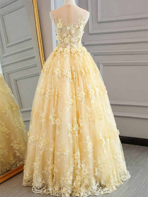 Custom Made V Neck White Lace Appliques Yellow Long Prom Dresses, Yellow  Lace Formal Graduation Evening Dresses