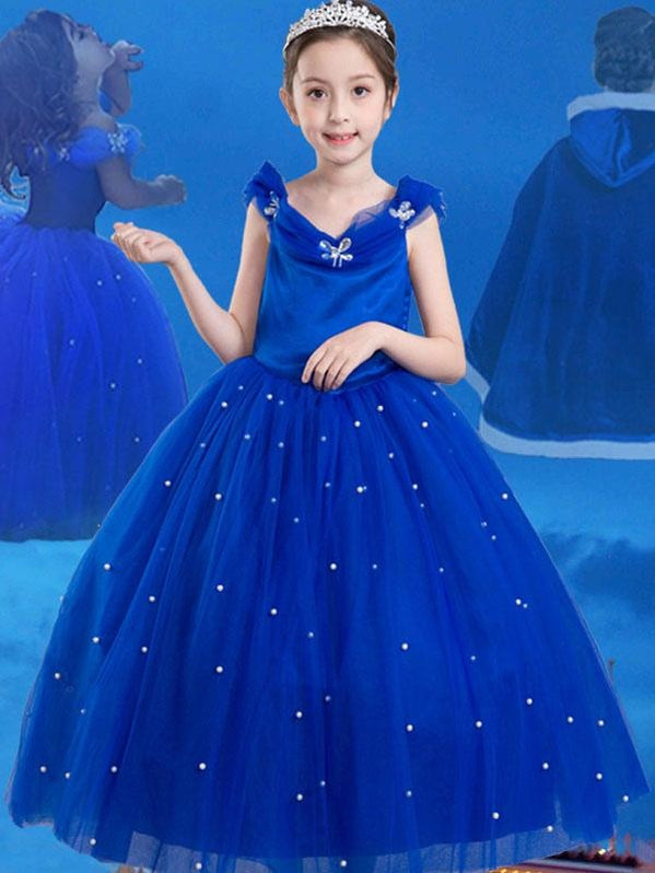 Royal Blue Flower Girl Dress Princess Beaded Little Kids Pageant Party ...