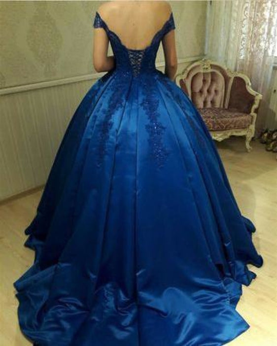 Royal Blue Satin Two Piece Long Prom Dresses Cheap - Bridelily