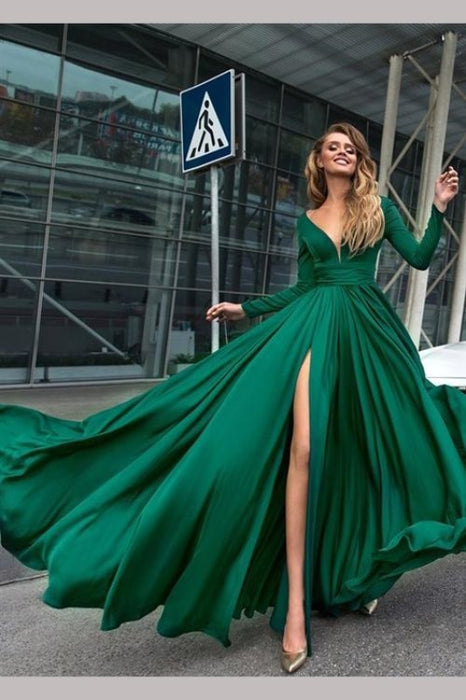 Chic Green Deep V Neck Cute Long Prom Dresses Cheap - Bridelily