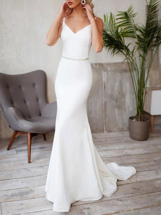 Sexy Wedding Dress Lycra Spandex V Neck Sleeveless Strap Sash Mermaid ...