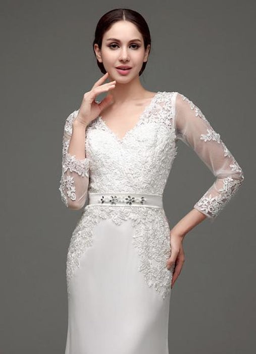 Sheath/Column Long Sleeves Illusion Back V-neck Bridal Gown With ...