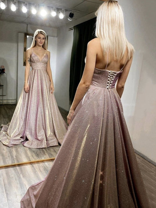 V Neck Backless Pink Sequins Long Prom Dresses, Backless Pink