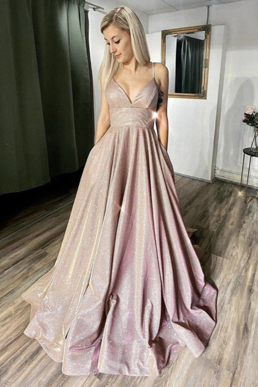 V Neck Backless Pink Sequins Long Prom Dresses, Backless Pink