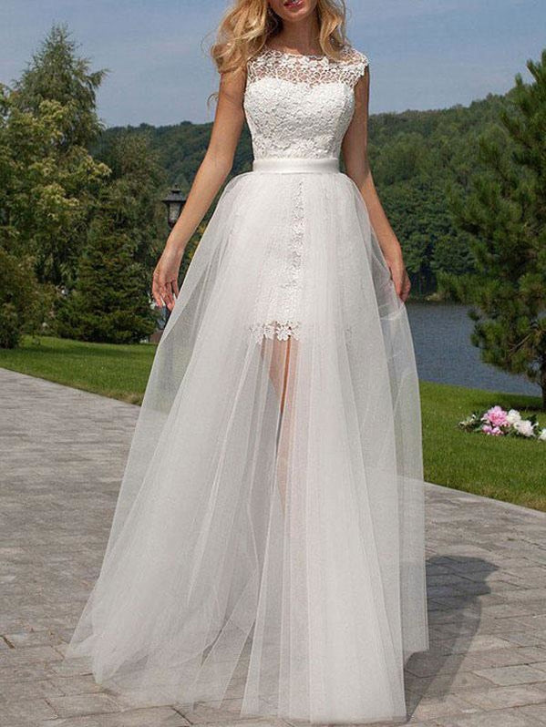 Short Wedding Dress 2021 Lace Jewel Neck Sleeveless Bridal Gowns With — Bridelily 2390