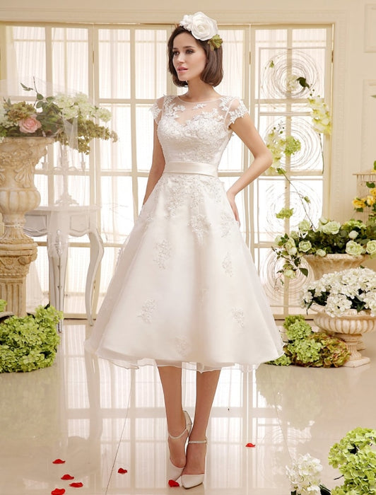 Short Wedding Dresses Ivory Lace Applique Vintage Bridal Dress Illusion ...