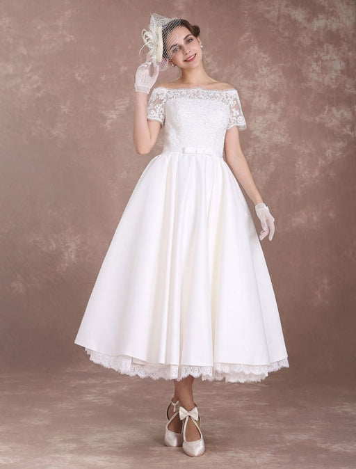 Vintage Wedding Dresses Off The Shoulder Short Bridal Dress 1950's