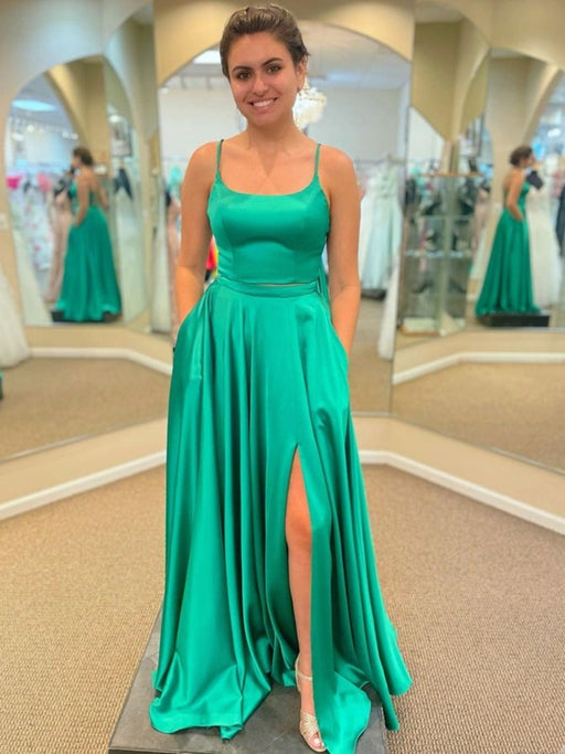 Simple V Neck Backless Green Satin Long Prom Dresses with High Slit, B –  Shiny Party