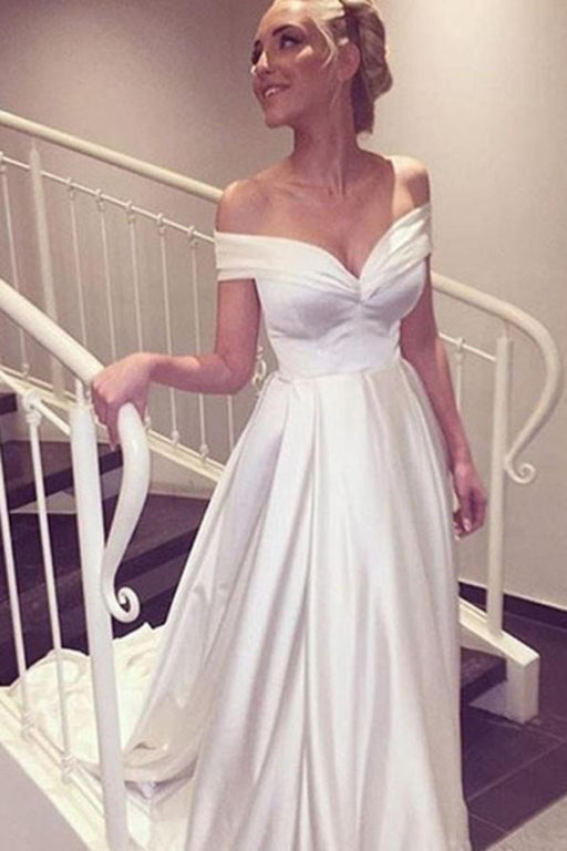 Off-the-Shoulder Satin Wedding Dress with Detachable Sweep Train — Bridelily