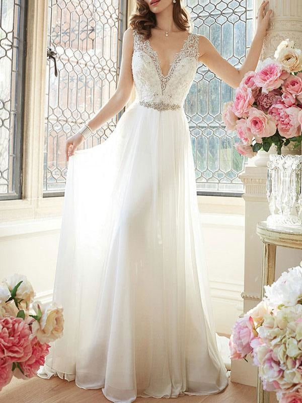 Simple Wedding Dress 2021 A Line V Neck Sleeveless Floor Length Lace B ...