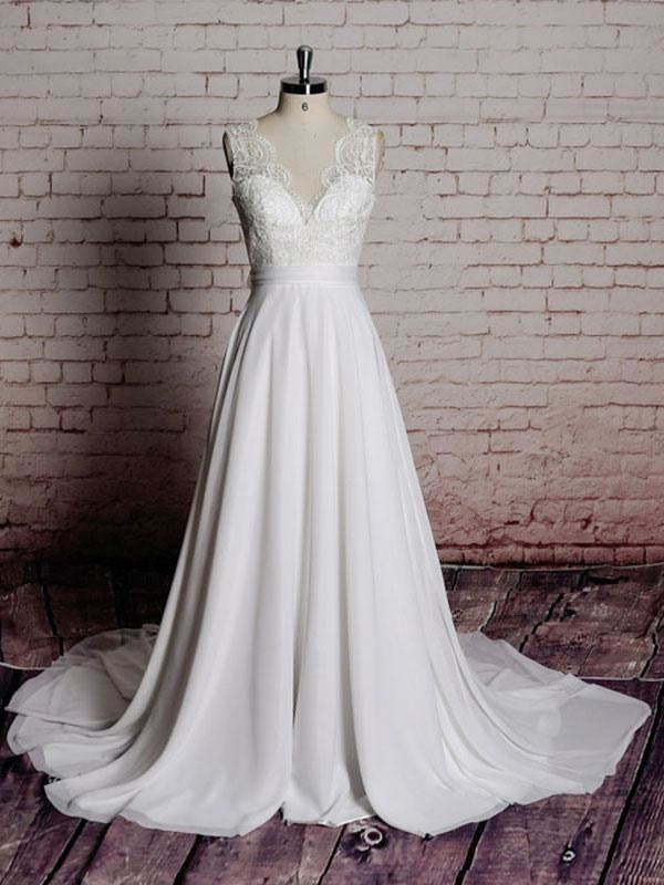 Simple Wedding Dress A Line Lace V Neck Sleeveless Bows Bridal Dresses ...