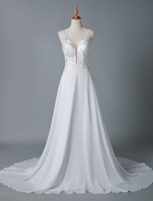 Simple Wedding Dress A Line V Neck Sleeveless Lace Illusion Back Brida ...