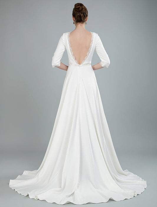 Simple Wedding Dress Beaded Sash Backless Bateau Neck Half Sleeves A ...