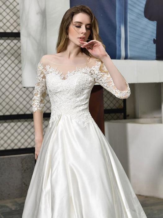 Simple Wedding Dress Jewel Neck Half Sleeves A Line Beaded Bridal Dres ...