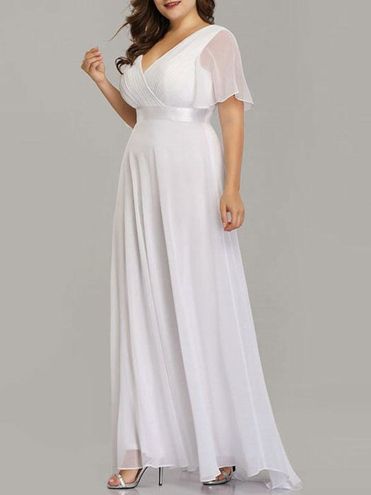 Simple Wedding Dress V Neck Short Sleeves A Line Floor Length Chiffon ...