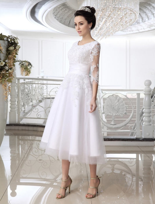 Simple Wedding Dresses 2021 Short Lace Applique illusion half sleeve ...