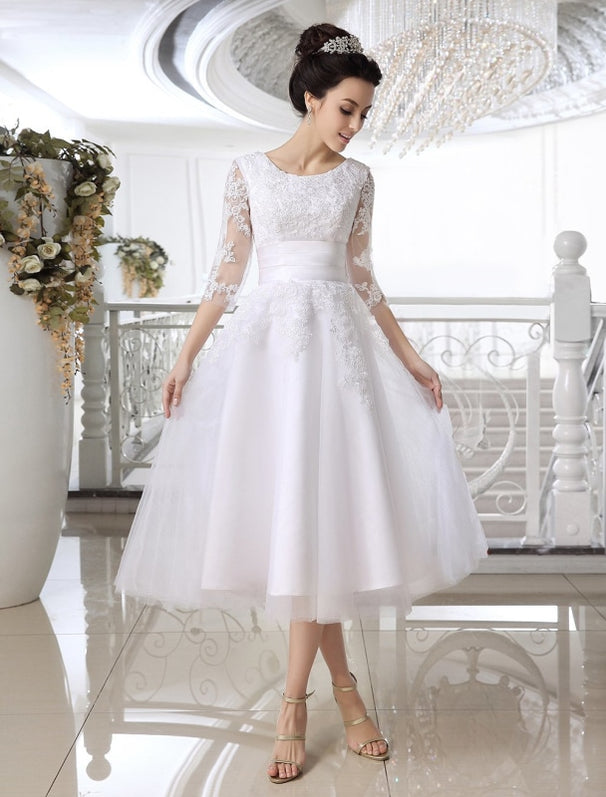 Simple Wedding Dresses 2021 Short Lace Applique illusion half sleeve ...